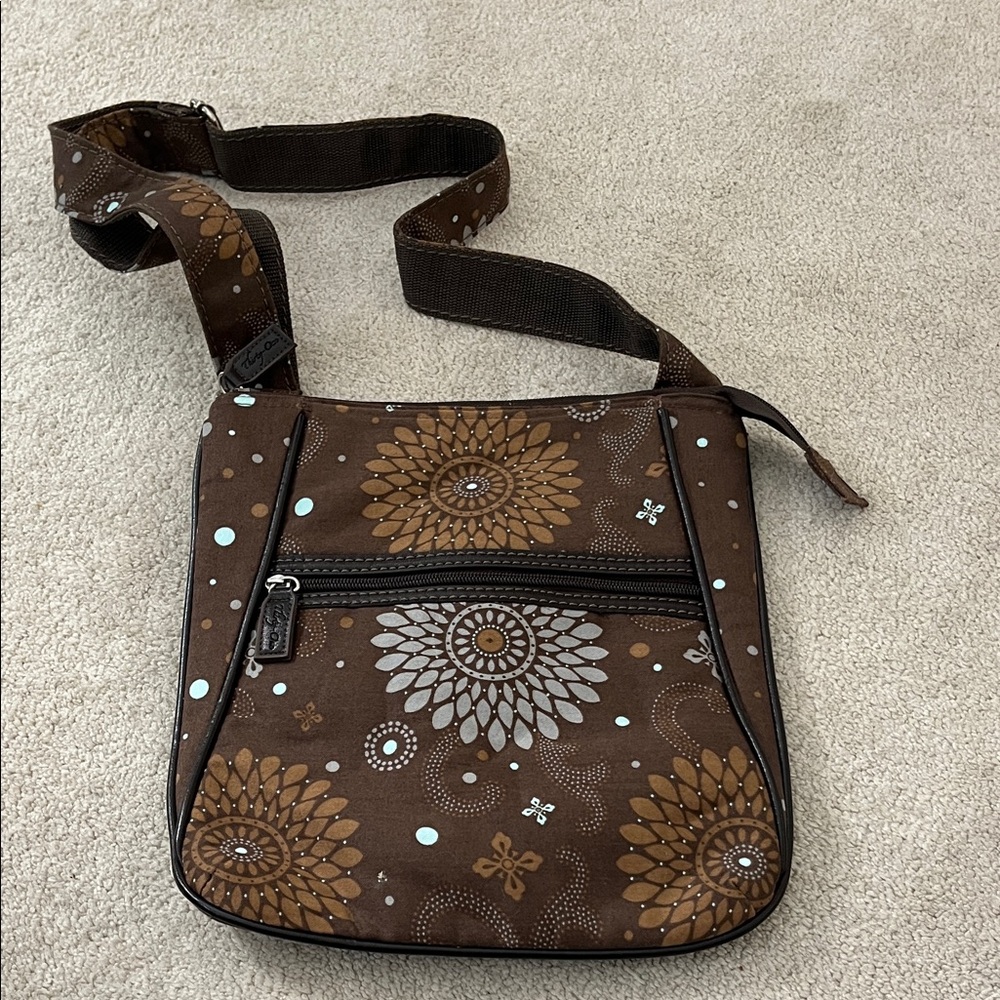 Thirty-One Brown and Tan Floral Crossbody Bag